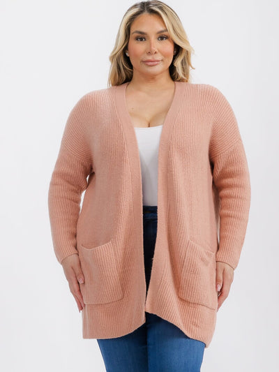 PLUS SIZE LONG SLEEVE OPEN FRONT POCKETS CARDIGAN