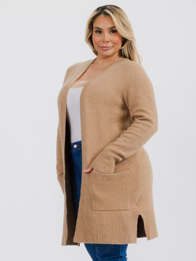 PLUS SIZE LONG SLEEVE OPEN FRONT POCKETS CARDIGAN