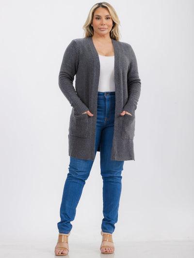 PLUS SIZE LONG SLEEVE OPEN FRONT POCKETS CARDIGAN