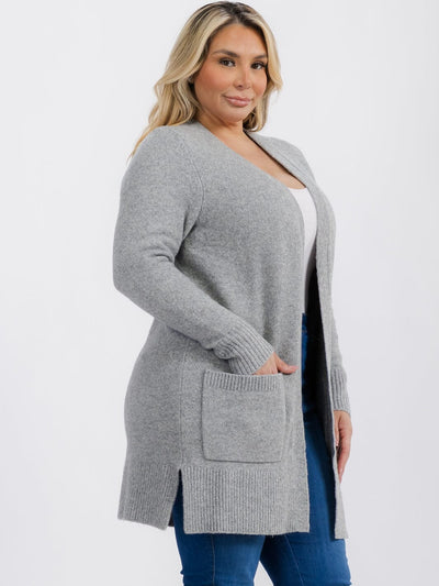 PLUS SIZE LONG SLEEVE OPEN FRONT POCKETS CARDIGAN