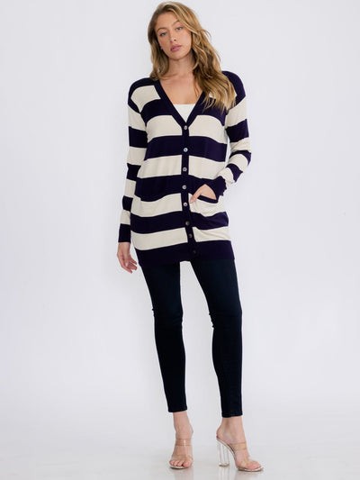 WOMEN'S LONG SLEEVE FRONT POCKETS BUTTON UP COLORBLOCK STRIPES CARDIGAN