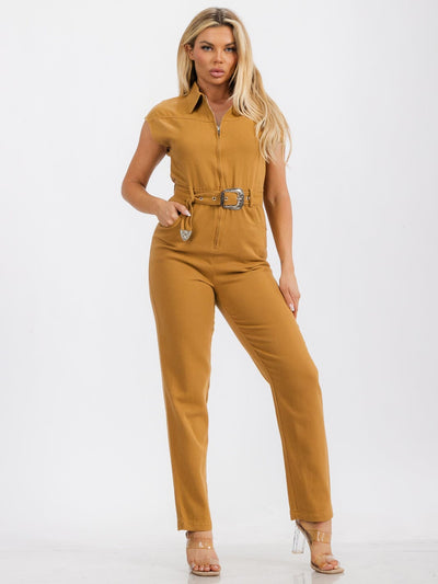 WOMENS' SHORT SLEEVE ZIP UP FRONT POCKETS BELTED JUMPSUIT