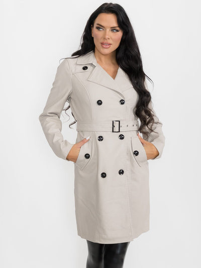 WOMEN'S LONG SLEEVE BUTTON CLOSURE PU PLEATHER COAT