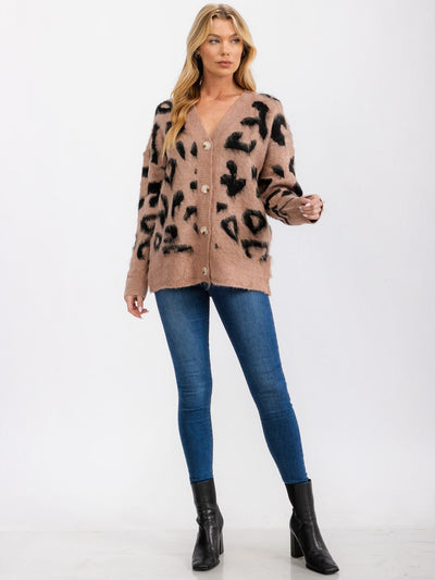 WOMEN'S LONG SLEEVE BUTTON CLOSURE ANIMAL PRINT CARDIGAN SWEATER