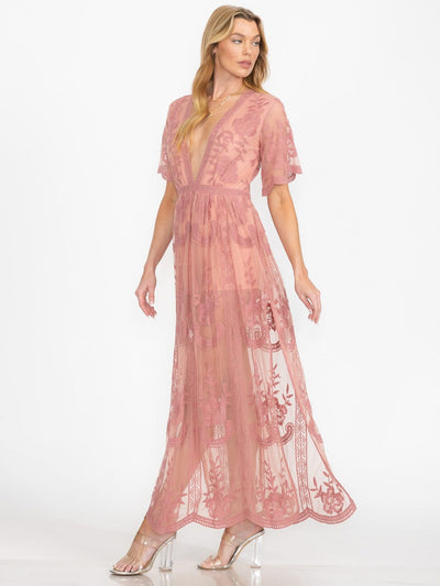 WOMEN'S SHORT SLEEVE V-NECK ALL OVER LACE MAXI DRESS