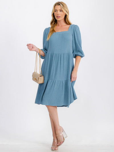 WOMEN'S 3/4 SLEEVE SQUARE NECK TIERES POCKETS MIDI DRESS