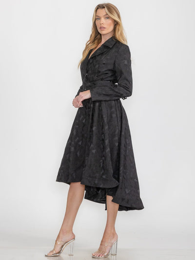 WOMEN'S LONG SLEEVE BUTTON CLOSURE HIGH LOW BELTED DRESS COAT