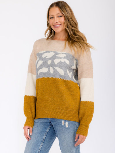 WOMEN'S LONG SLEEVE COLORBLOCK ANIMAL PRINT PULLOVER SWEATER