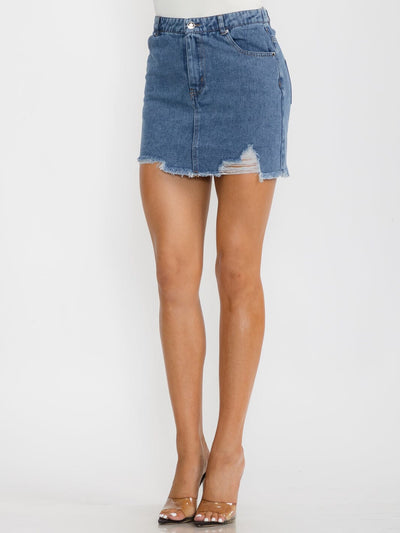 WOMEN'S BUTTON CLOSURE DISTRESSED POCKETS DENIM MINI SKIRT