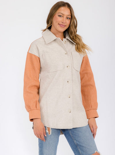 WOMEN'S LONG SLEEVE POCKETS BUTTON UP COLORBLOCK JACKET