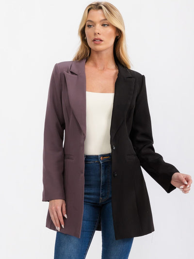 WOMEN'S LONG SLEEVE BUTTON CLOSURE FRONT POCKETS COLORBLOCK BLAZER