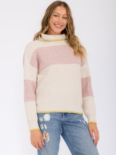 WOMEN'S LONG SLEEVE COLORBLOCK STRIPES TURTLE NECK PULLOVER SWEATER