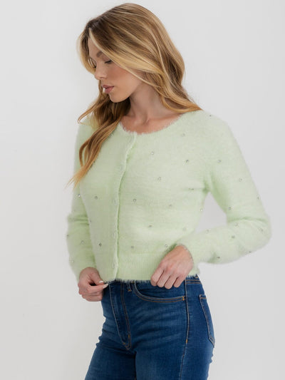 WOMEN'S LONG SLEEVE BUTTON UP FUZZY STUDS SWEATER