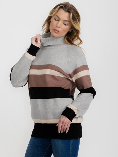 WOMEN'S LONG SLEEVE TURTLE NECK COLORBLOCK STRIPES PULLOVER SWEATER