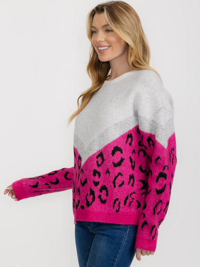 WOMEN'S LONG SLEEVE COLORBLOCK ANIMAL PRINT PULLOVER SWEATER