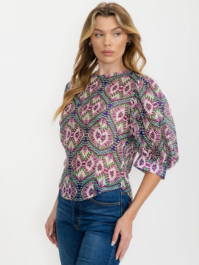 WOMEN'S SHORT PUFF SLEEVE ZIP UP MULTI PRINT BLOUSE