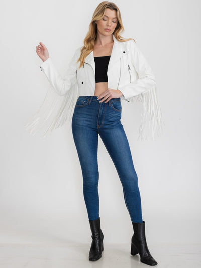 WOMEN'S LONG SLEEVE ZIP UP PU PLEATHER FRINGE JACKET