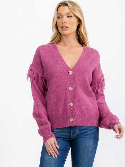 WOMEN'S LONG SLEEVE FRINGE BUTTON CLOSURE CARDIGAN SWEATER