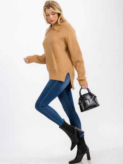 WOMEN'S LONG SLEEVE COLLAR HIGH-LOW PULLOVER SWEATER