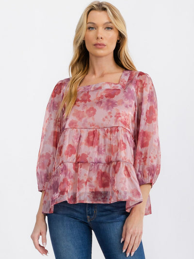 WOMEN'S LONG SLEEVE SQUARE NECK TIERED FLORAL BLOUSE TOP