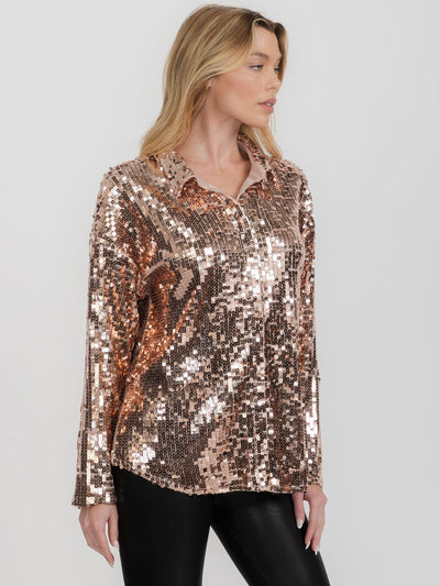 WOMEN'S LONG SLEEVE BUTTON UP SEQUINS TOP