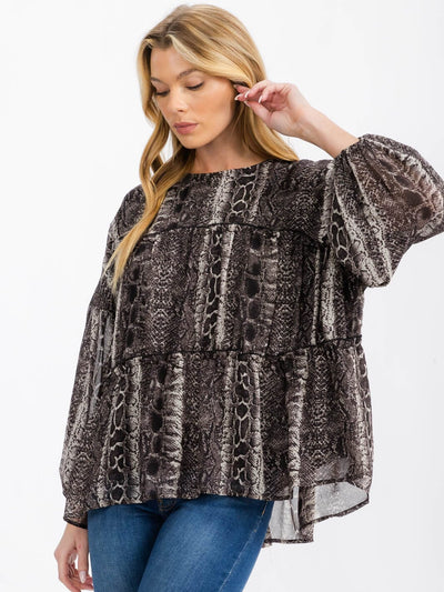 WOMEN'S LONG SLEEVE TIERED TUNIC ANIMAL PRINT BLOUSE TOP