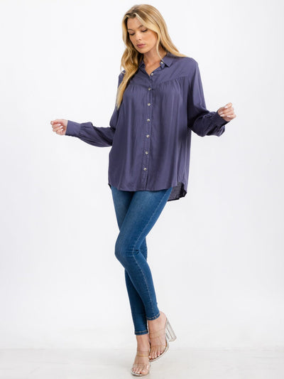 WOMEN'S LONG SLEEVE BUTTON UP LINEN BLOUSE TOP