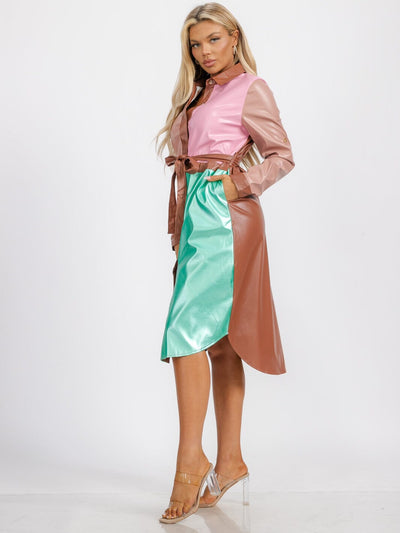 WOMEN'S LONG SLEEVE BUTTON UP COLORBLOCK PU PLEATHER MIDI DRESS