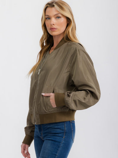 WOMEN'S LONG SLEEVE POCKETS ZIPPER CLOSURE BOMBER JACKET