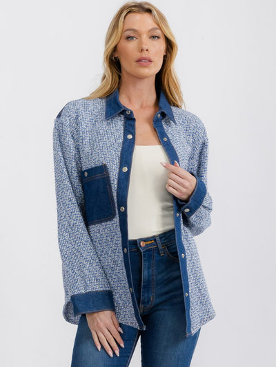 WOMEN'S LONG SLEEVE BUTTON CLOSURE CONTRAST DENIM JACKET