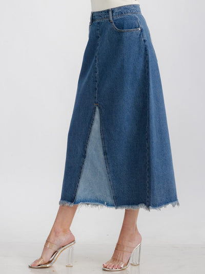 WOMEN'S BUTTON CLOSURE POCKETS 2-TONE DENIM MAXI SKIRT