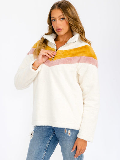 WOMEN'S LONG SLEEVE COLORBLOCK CHEVRON POCKETS PULLOVER SWEATER