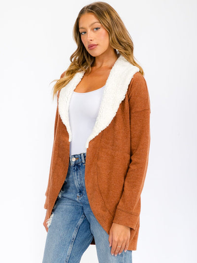 WOMEN'S LONG SLEEVE OPEN FRONT POCKETS SHERPA COLLAR CARDIGAN