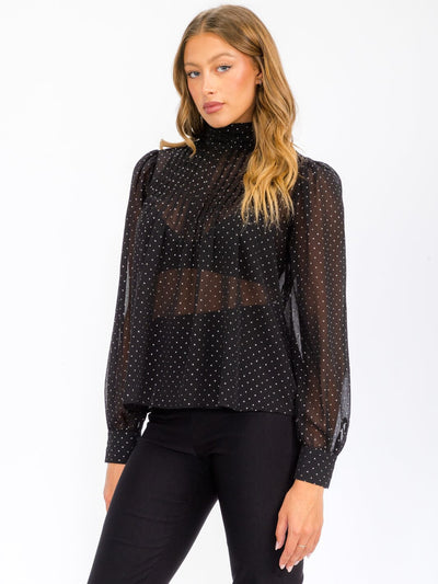 WOMEN'S LONG SLEEVE TURTLE NECK SHIMMER BLOUSE TOP