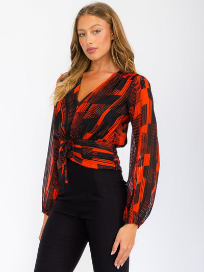 WOMEN'S LONG SLEEVE V-NECK FRONT RUCHED PRINTED BLOUSE TOP