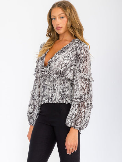 WOMEN'S LONG SLEEVE SMOCK SURPLICE ANIMAL PRINT BLOUSE TOP