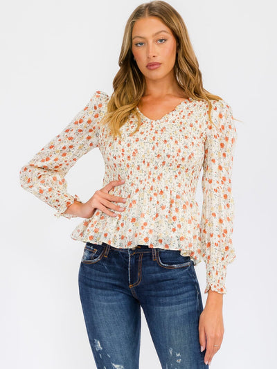 WOMEN'S LONG PUFF SLEEVE SMOCK V-NECK FLOWER PRINT BLOUSE TOP