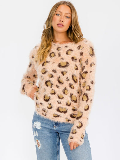 WOMEN'S LONG SLEEVE COLORBLOCK FUZZY ANIMAL PRINT PULLOVER SWEATER