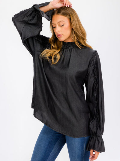 WOMEN'S LONG SLEEVE MOCK NECK CHAMBRAY BLOUSE TOP