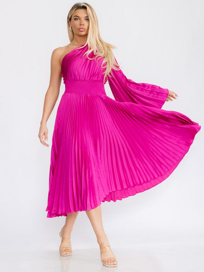 WOMEN'S ONE SHOULDER LONG BELL SLEEVE SMOCK WAIST PLEATED MAXI DRESS