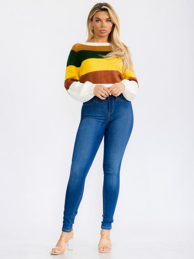 WOMEN'S LONG SLEEVES PULLOVER COLORBLOCK STRIPES KNIT SWEATER