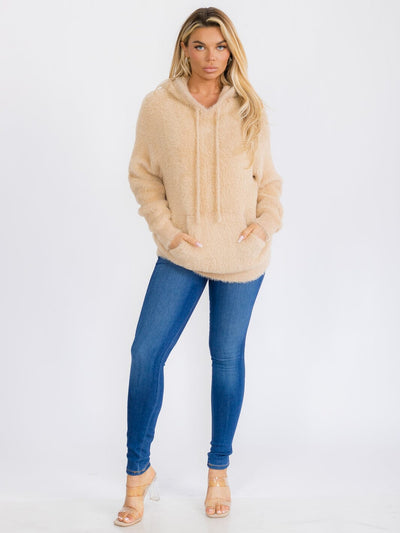 WOMEN'S LONG SLEEVE FRONT POCKET HOODED PULLOVER FUZZY SEATER