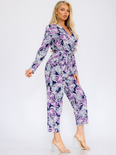 WOMEN'S LONG SLEEVE V-NECK SURPLICE POCKETS LEAF PRINT JUMPSUIT