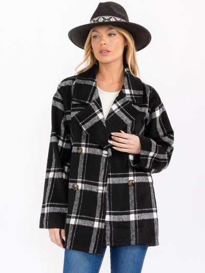 WOMEN'S LONG SLEEVE BUTTON CLOSURE FRONT POCKETS PLAID COAT