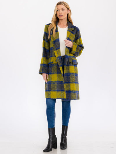 WOMEN'S LONG SLEEVE BUTTON CLOSURE FRONT POCKETS PLAID COAT