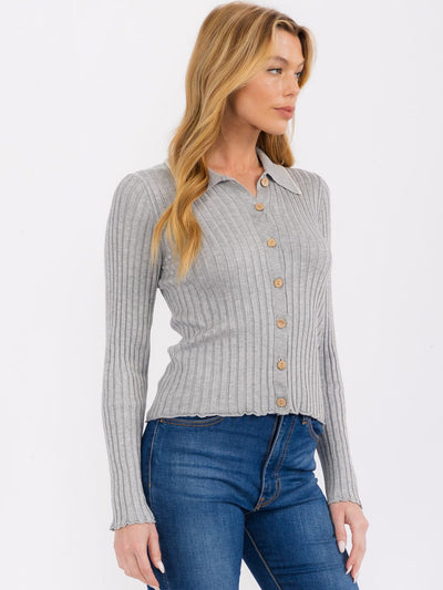 WOMEN'S LONG SLEEVE BUTTON UP RIBBED BLOUSE TOP