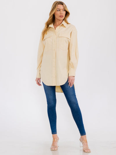 WOMEN'S LONG SLEEVE BUTTON UP FRONT POCKET OVERSIZED SHIRT