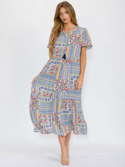 WOMEN'S SHORT SLEEVES V-NECK FRONT POCKETS FLORAL MAXI DRESS