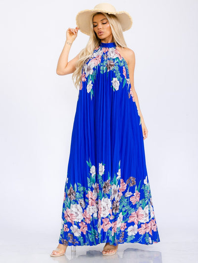 WOMEN'S SLEEVELESS HALTER NECK PLEATED FLORAL MAXI DRESS