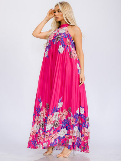 WOMEN'S SLEEVELESS HALTER NECK PLEATED FLORAL MAXI DRESS